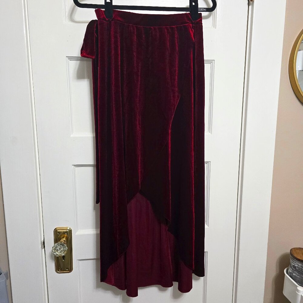 Red Velvet Faux Wrap High Low Midi/Maxi Skirt